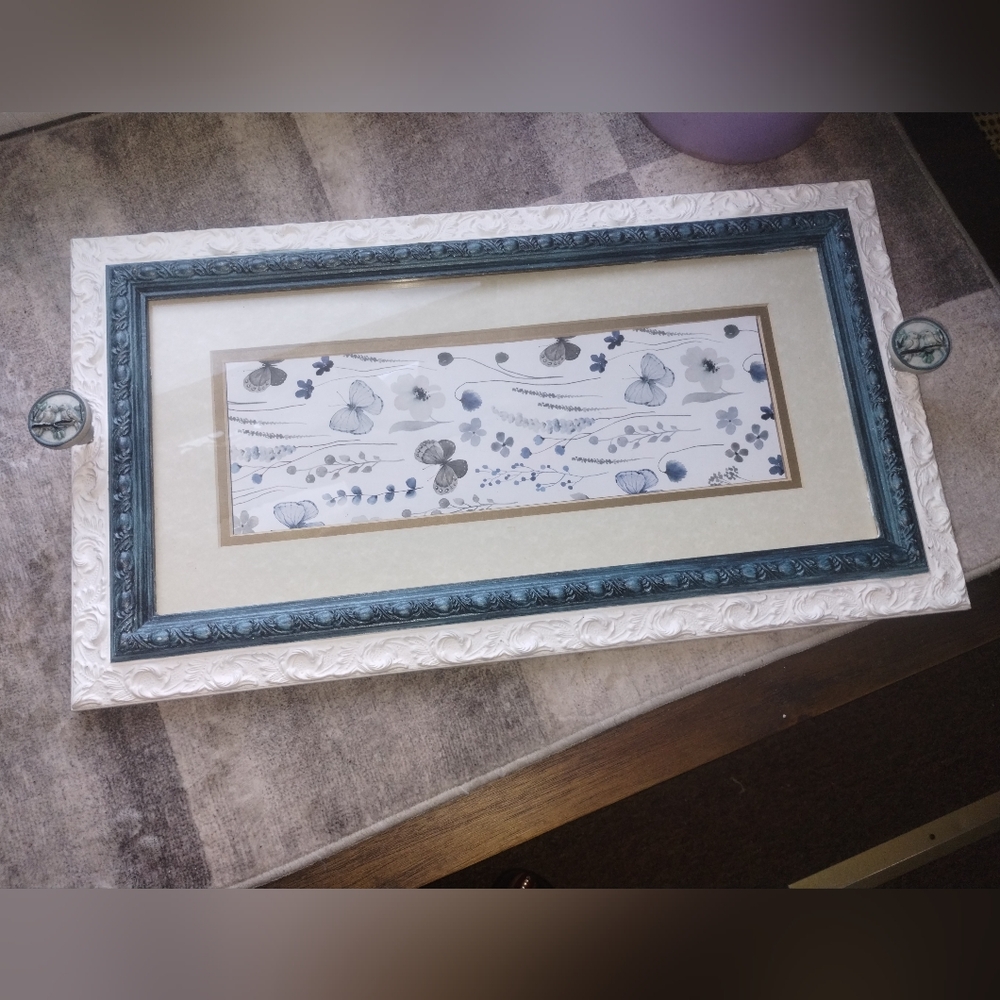 Framed Floral Serving Tray Art in White and Blue